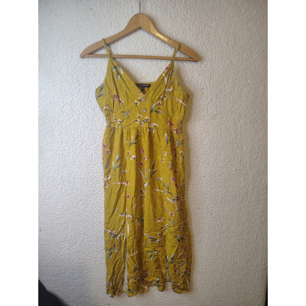 One Clothing Los Angeles Mustard Yellow Floral Midi Dress Small Slit Sun Dress